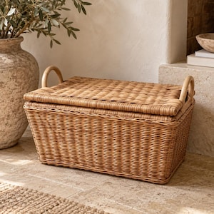 May include: A rectangular woven wicker storage basket with a flat lid and two curved handles on the sides. The basket features a light brown natural finish with a tight, consistent weave pattern throughout the body and the lid, providing a structured look.