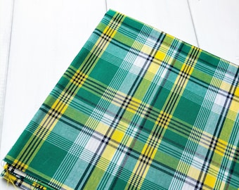 KIWI Madras Fat Quarter, 100% cotton, 20x20 inches (50x50 cm), Plaid of Green with shades of Yellow and White accents and Black thin stripes