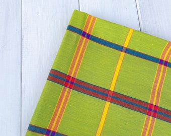 LIME Madras Fat Quarter, 100% cotton, 20x20 inches (50x50 cm), Plaid of Light Green with Red, Yellow and Blue Lines
