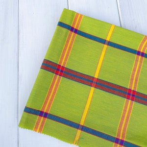LIME Madras Fat Quarter, 100% cotton, 20x20 inches (50x50 cm), Plaid of Light Green with Red, Yellow and Blue Lines