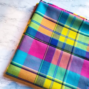 RAINBOW (B) Madras Fat Quarter, 100% cotton, 20x20 inches (50x50 cm), Plaid of multiple bright colors With thin blue lines