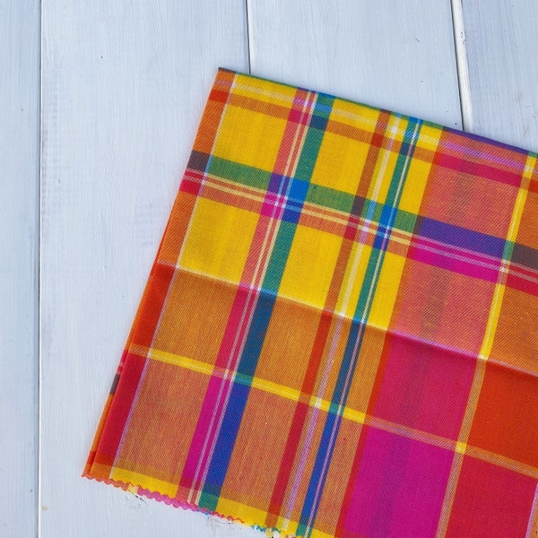 GUAVA MADRAS Fat Quarter, 100% cotton, 20x20 inches (50x50 cm), Plaid with shades of Pink, Peach, Yellow and Orange shades