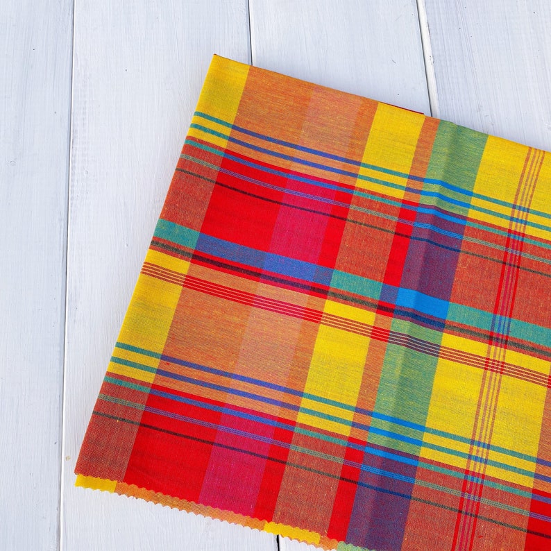 DAIQUIRI MADRAS Fat Quarter, 100% cotton, 20x20 inches 50x50 cm, Plaid with shades of Red, Orange, and Yellow image 1