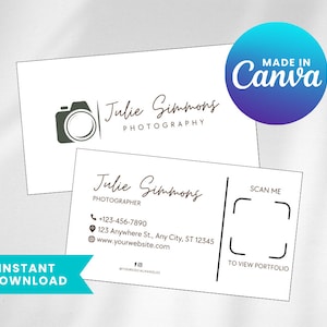 Modello di biglietto da visita fotografico, biglietto da visita del fotografo, modello Canva, biglietto da visita con codice QR, marketing, fotografia