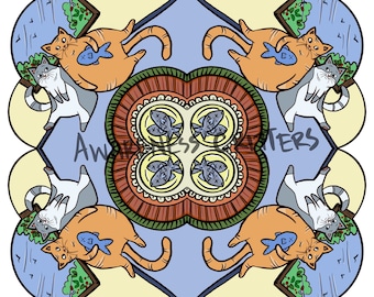 May include: A symmetrical mandala design featuring four orange cats with blue fish, four gray cats, and a central design of four plates with fish. The background is a light blue with a yellow border.