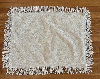 Vintage Cream Pillow Sham Boho Knit Textured Fringe Granny Core 19”x26”