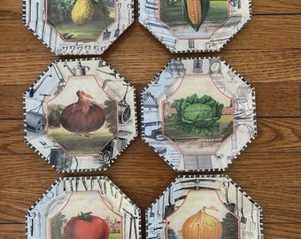 Platos octogonales para verduras con técnica de decoupage de John Derian, firmados, 18,4 cm (7,25"), juego de 6.