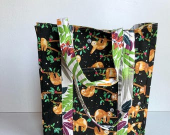 Sloth grocery bag.  Handmade cotton tote with jungle fabric.