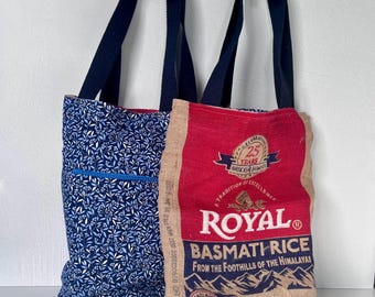 Upcycled Burlap Tote Bag: Reclaimed Rice Sack, Floral Lined