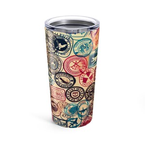 Vintage Travel Tumbler: Retro Stamp Design, Stainless Steel 20oz