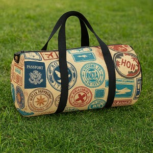 Vintage Travel Duffel Bag with Passport Stamp Prints, Retro Luggage for Weekend Getaways, Gym, Adventure, Stylish and Durable Travel Bag