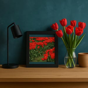 Red Tulip Floral Art Print Framed Wall Decor for Living Room, Spring Home Decoration, Gift for Garden Lovers