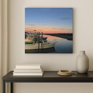 Harbor Sunset Boat Art, Coastal Seascape Canvas Print, Nautical Wall Decor, Vibrant Seaside Sunset, Small Beach House Wall Art