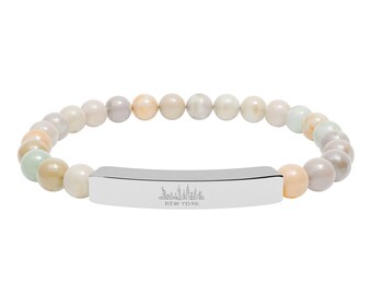 Engraved New York City Natural Stone Stretch Bar Bracelet, Travel Keepsake