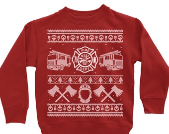 May include: Red Christmas sweater with a white fire truck, firefighter helmet, and axes. The sweater has a white snowflake pattern and the text "FIRE DEPT".