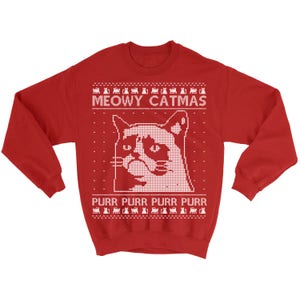 May include: Red Christmas sweater with a white pixelated image of a grumpy cat and the text "MEOWY CATMAS" and "PURR PURR PURR PURR".