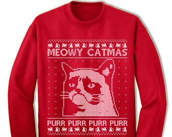 Meowy Catmas Christmas Sweater Sweatshirt Purr Purr Meow Cat Fur Kitty Funny Cat Ugly Sweater Sweatshirt Jumper Ugly Pullover Christmas Gift