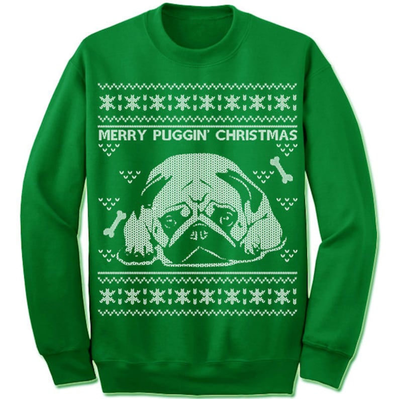 Pug Ugly Christmas Sweater - Green Crew Neck Sweatshirt With Dog Design