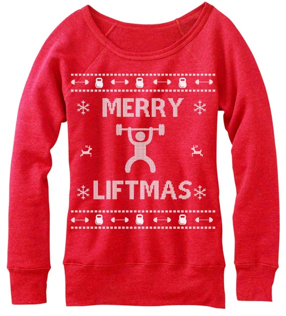 Vrolijk Liftmas. Lelijke Kerstmis. Off Shoulder trui. Fleece Lelijke kerst sweater kerstmis stropdas rood dames | Lelijke