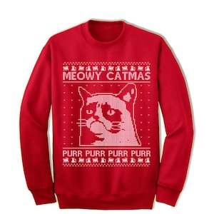Meowy Catmas Christmas Sweater Sweatshirt Purr Purr Meow Cat Fur Kitty Funny Cat Ugly Sweater Sweatshirt Jumper Ugly Pullover Christmas Gift