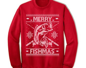 Funny "Merry Fishmas" Christmas Sweatshirt: Unisex Ugly Holiday Pullover
