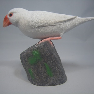 Könnte beinhalten: Ein weißer Vogel mit rosa Schnabel und Füßen, der auf einem grauen Stein mit grünen Akzenten sitzt. Der Vogel ist eine Figur.