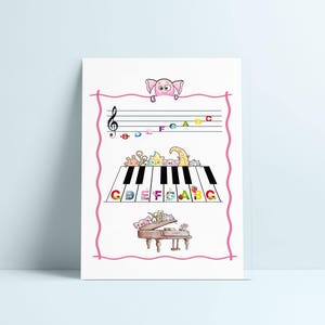 Nota musical, escala de música. Escala de piano. Cartel de los niños. Cartel divertido. Aprendizaje musical . Impresión de arte, Descarga digital instantánea.