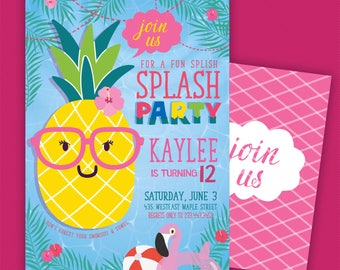 Splish Splash Pool Party Invite, Cute Tropical Pineapple Invitation, Digital Download