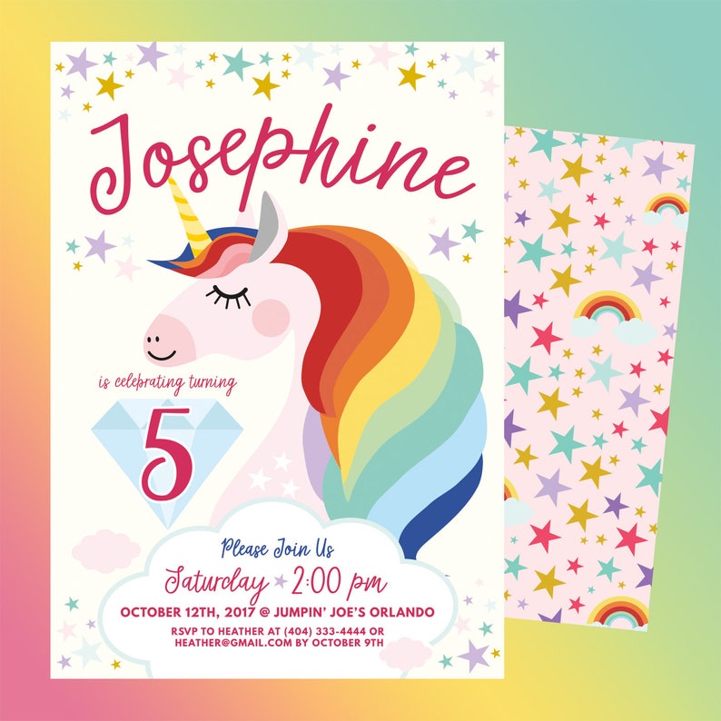 Rainbow Unicorn Birthday Invitation, Rainbow Invite, Unicorn and Diamond Birthday Invitation, Rainbow, Unicorn, Magical Unicorn Invite image 1