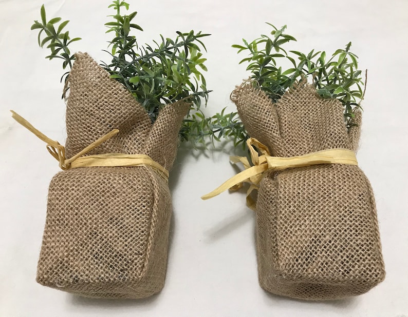 Two Small Decorative Plastic Plants Tied in Burlap Bags
