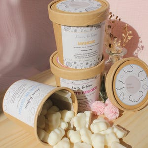 Peut inclure: Trois contenants cylindriques en carton avec couvercles, étiquetés Lueur Bohème, contenant de petites cires parfumées blanches en forme de nuage. Un contenant est renversé, déversant les nuages de cire blanche. Chaque pot indique un poids net de 120g.