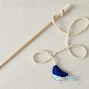 Cat Teaser Wand, Bird Cat Toy with ribbons, catnip and bell Blue