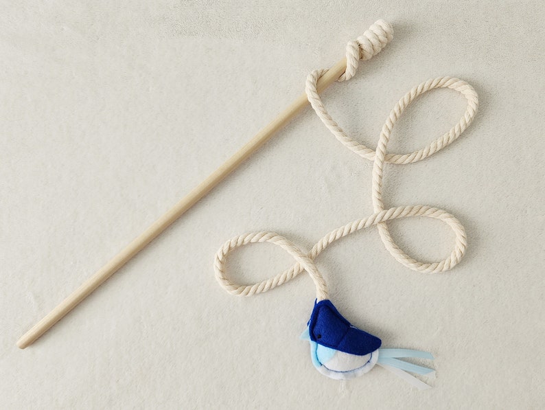 Cat Teaser Wand, Bird Cat Toy with ribbons, catnip and bell Blue