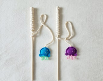 Cat Teaser Toys -Jellyfish - Cat Wand Toy - Organic Catnip, Ribbons and bells