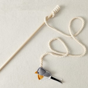 Cat Teaser Wand, Bird Cat Toy with ribbons, catnip and bell Gray