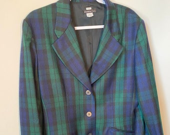 Vintage Academia Colegiala Tartan Plaid Mujer 100% Lana Blazer Hecho en Hungría Tamaño 10