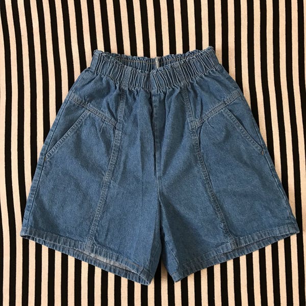 Vintage 90s Clothing Women's High Waisted Elastic Waistband Blue Denim Casual Mom Jeans Shorts