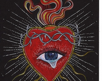 Sacred heart /eye - Mystic heart /eye - Tattoo - Gouache painting on black paper - Original one off