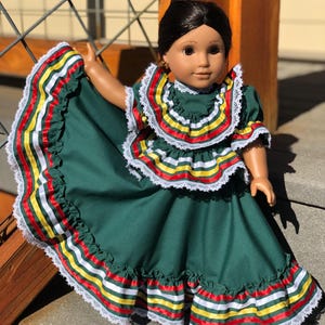 Traditional Mexican Ballet Folklorico Green Jalisco dress fits 18&quot; doll.