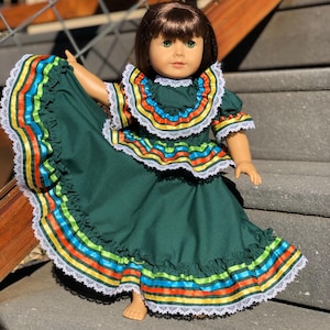 Traditional Mexican Ballet Folklorico Green Jalisco dress fits 18&quot; doll.
