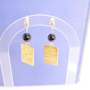 Sonne & Mond Karte, Tarot Ohrringe, Gold Tarot Anhänger mit schwarzen Onyx Perlen, mystische Tropfen baumeln