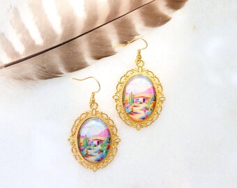Southwest Desert Scene Cabochon Earrings, Cactus Dangle Earrings, Western Style Jewelry, Nature Inspired