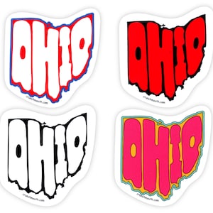 May include: Four different sticker designs of the state of Ohio with the word "Ohio" written in a retro, bold font. The stickers are in red, blue, black, and pink.