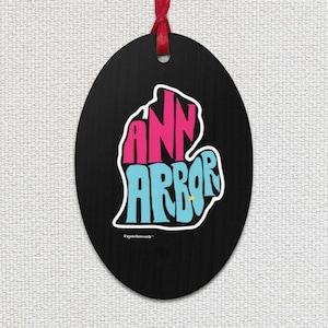 Ann Arbor Christmas Ornament, Michigan Outline Ornament, Hinoki Wood Ornament, Rustic Michigan Magnet, Unique Holiday Gift, Crunchmouth