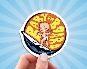 Baby on Surfboard Sticker, Cute Baby On Board Sticker, Surfing Car Window Sticker, Gift For New Parent, Cute Baby Surf Sticker, Surfing Baby