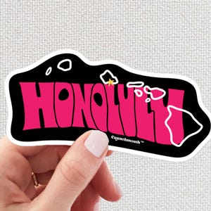 Honolulu Hawaii Sticker, Travel Luggage Decal, Hawaiian Islands Outline, Vinyl Waterproof Sticker, Retro Travel Design, Crunchmouth