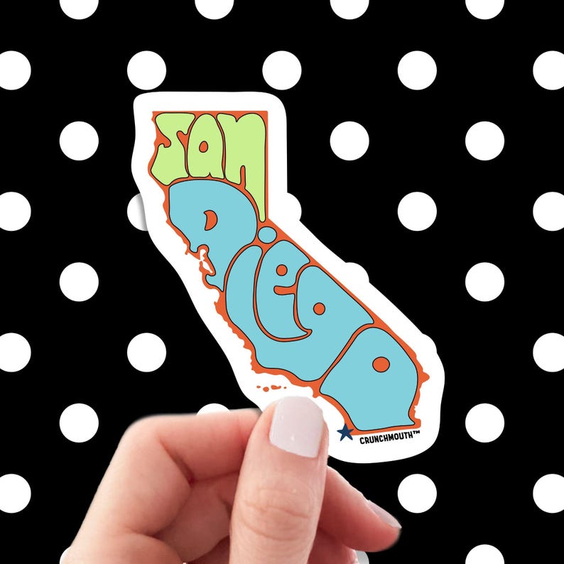 san diego travel luggage sticker, hand display, polka dots pattern design background