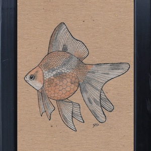Ryukin Goldfish en cartón de chatarra, arte de pared enmarcado