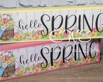 Hello Spring (Yellow or Pink) Wood Block Sign