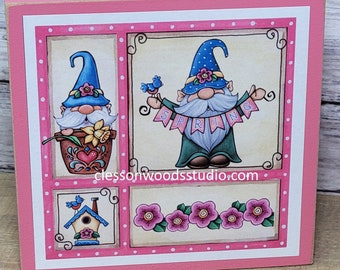 Spring Gnome Friends Small Square Wood Block Sign